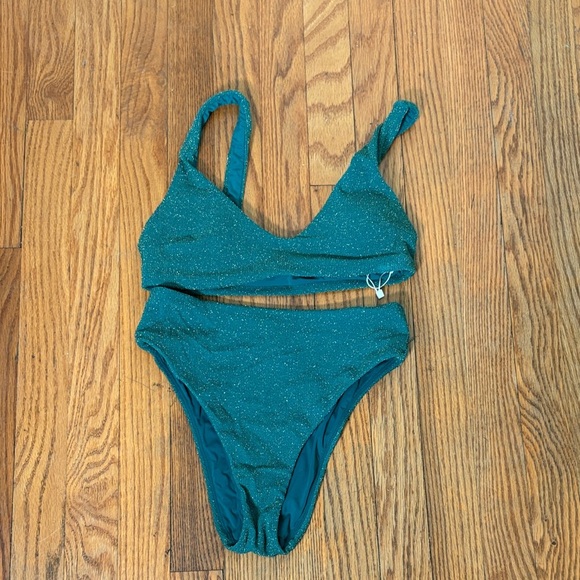 Andie Bikini Set Delray Top 90s High Waisted Bottom green sparkle sz S NWT/NWOT - Picture 3 of 8
